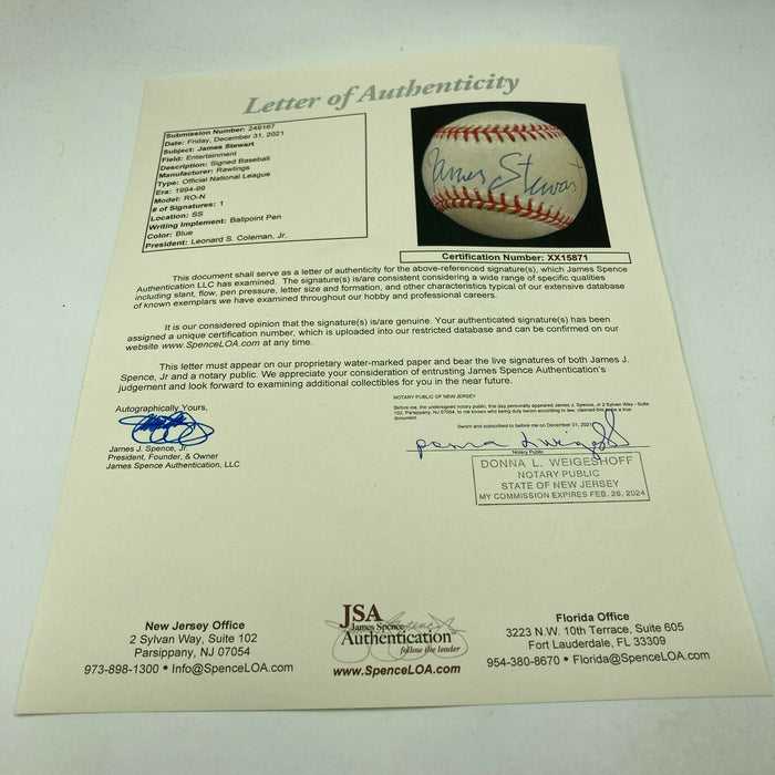 James Jimmy Stewart Signed National League Baseball JSA COA Movie Star Celebrity