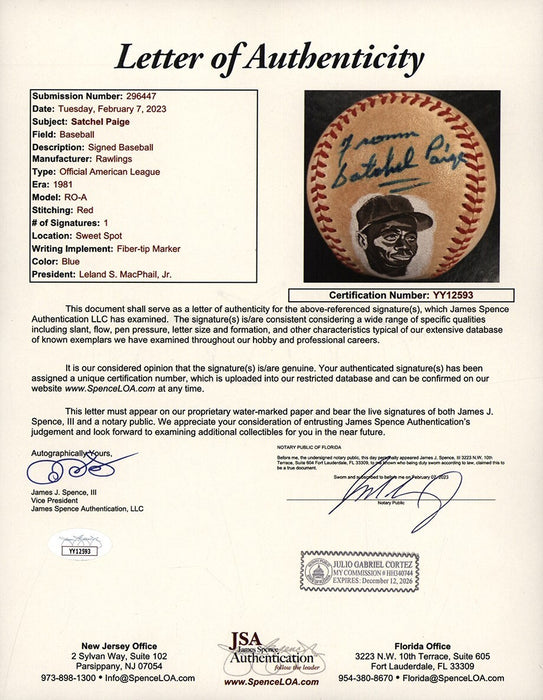 Satchel Paige Single Signed Vintage Official American League Baseball JSA COA