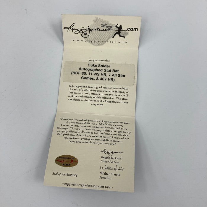 Duke Snider Signed Inscribed STAT Baseball Bat Reggie Jackson COA