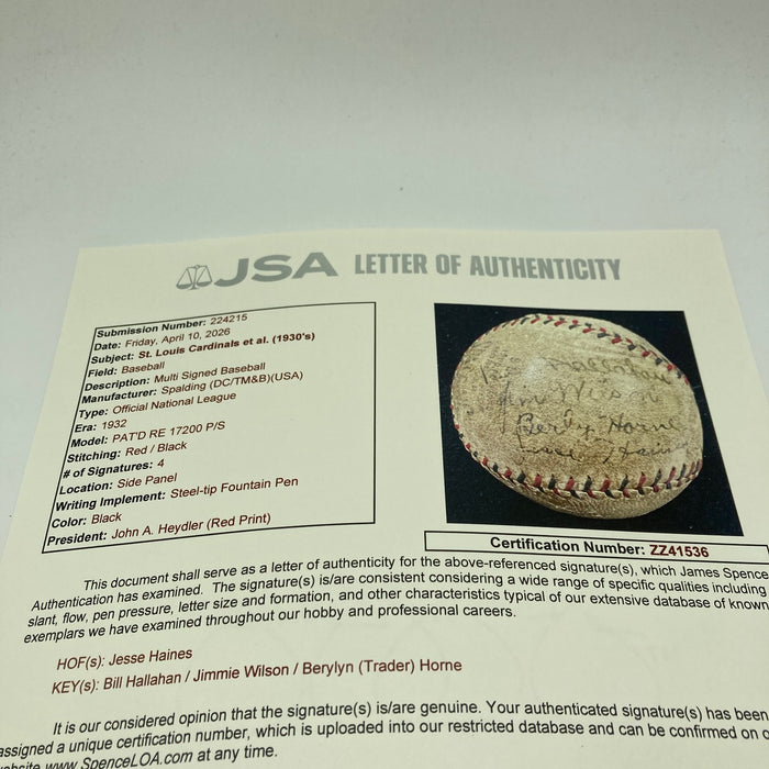 Jesse Haines 1930's Cardinals Signed Official National League Baseball JSA COA