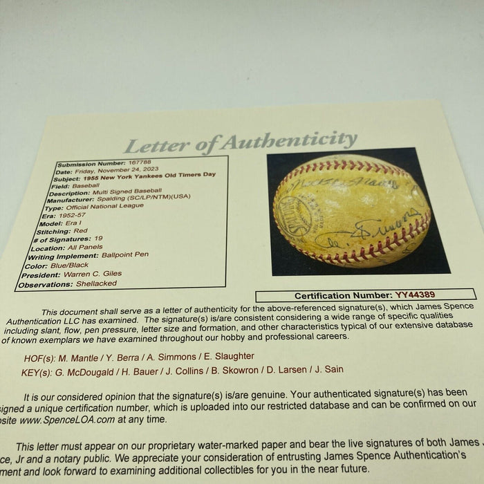 1955 Yankees Old Timers Day Signed Baseball Mickey Mantle Al Simmons JSA COA