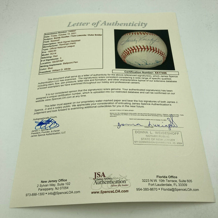 Sandy Koufax Duke Snider & Tommy Lasorda Signed National League Baseball JSA COA