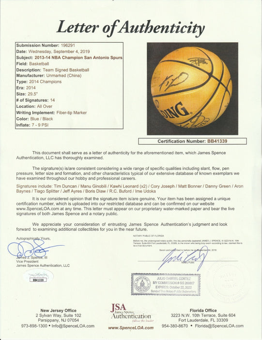 2013-14 San Antonio Spurs NBA Champs Team Signed Basketball Tim Duncan JSA COA