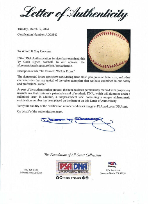 Ty Cobb Single Signed Baseball PSA DNA COA