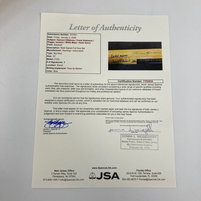 Willie Mays Hank Aaron 500 Home Run Club Signed Rawlings Baseball Bat JSA COA