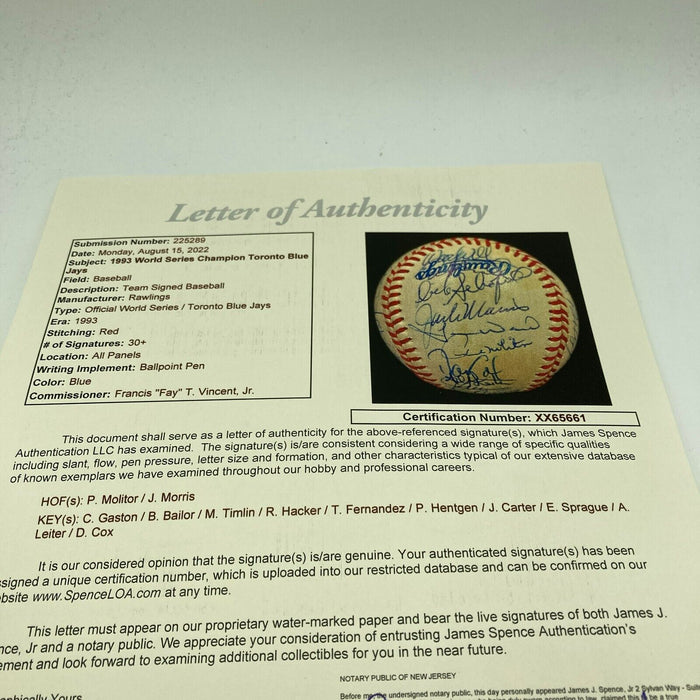 1993 Toronto Blue Jays World Series Champs Team Signed W.S. Baseball JSA COA