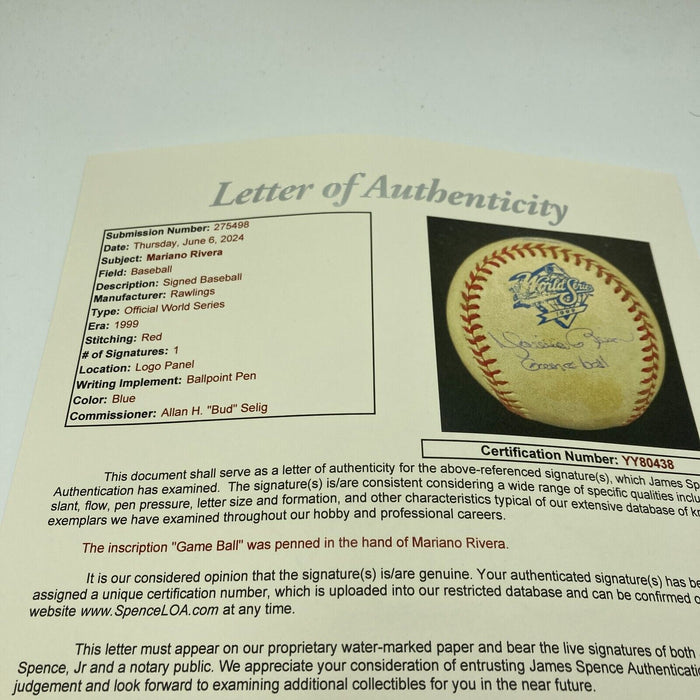 Mariano Rivera Signed 1999 World Series Game Used Baseball JSA COA