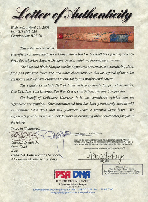 The Finest Brooklyn Los Angeles Dodgers Hall Of Fame Signed Bat 73 Sigs! PSA DNA