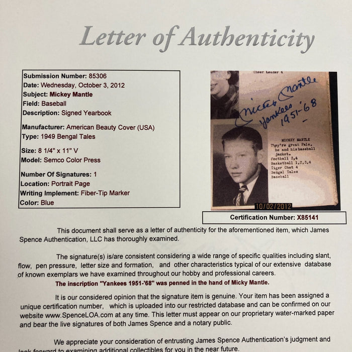 Mickey Mantle Signed 1949 Commerce High School Yearbook JSA & PSA DNA COA