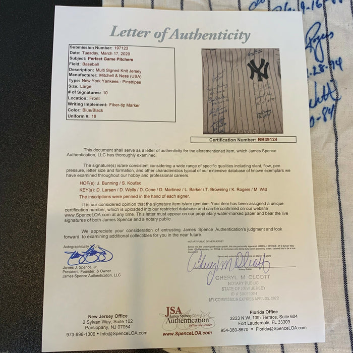Rare Perfect Game Pitchers Signed Jersey 10 Sigs With Sandy Koufax JSA COA