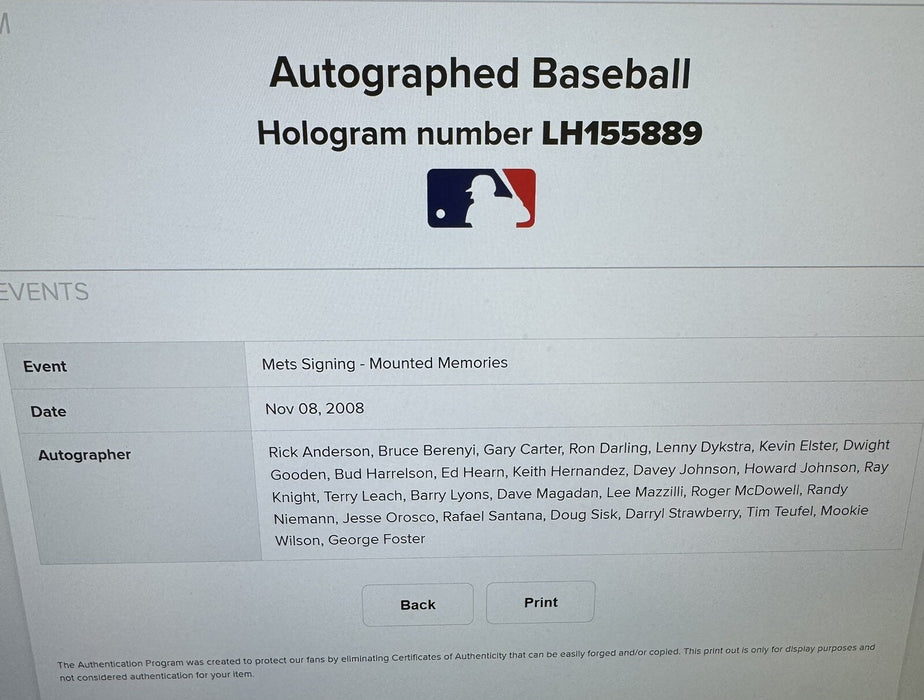 1986 New York Mets World Series Champs Team Signed MLB Authenticated Hologram