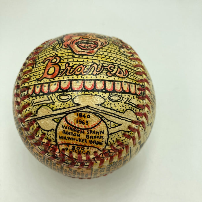 Beautiful Warren Spahn Hand Painted George Sosnak Folk Art Signed Baseball