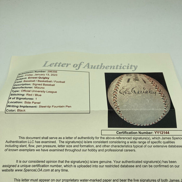 Ernest C. Quigley Single Signed 1928 Tour Of Japan Baseball JSA COA RARE