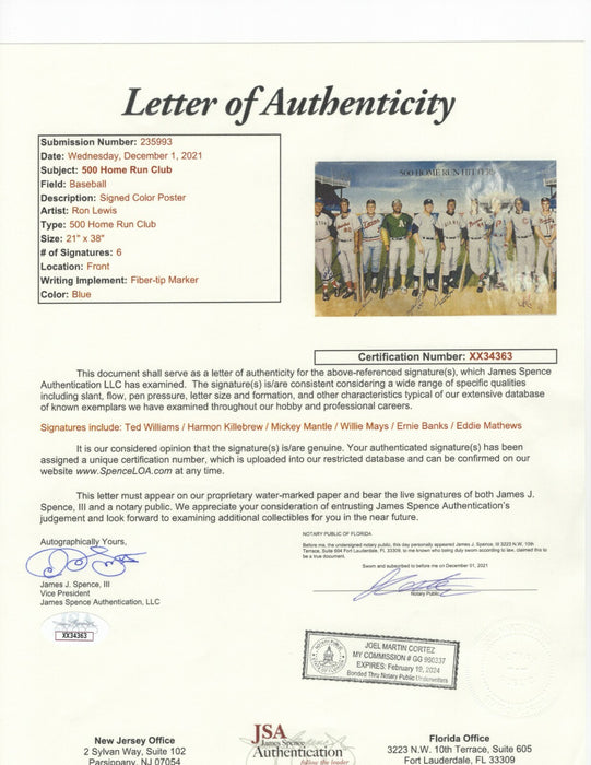 Mickey Mantle Ted Williams Willie Mays Signed 500 Home Run Photo CREASED JSA COA