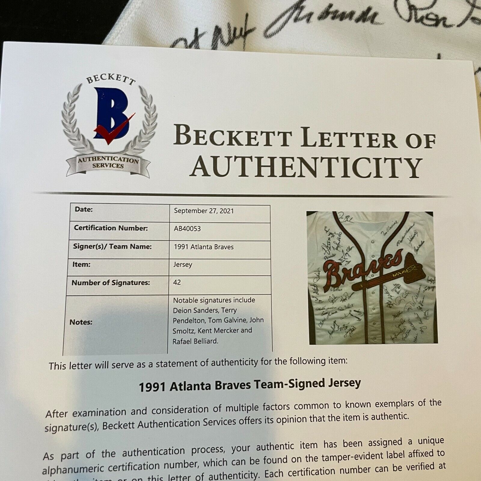 A 1991 Atlanta Braves Team Signed Autograph Pete Smith Game Issued Baseball  Jersey (BAS Beckett Authentication Services Certified)