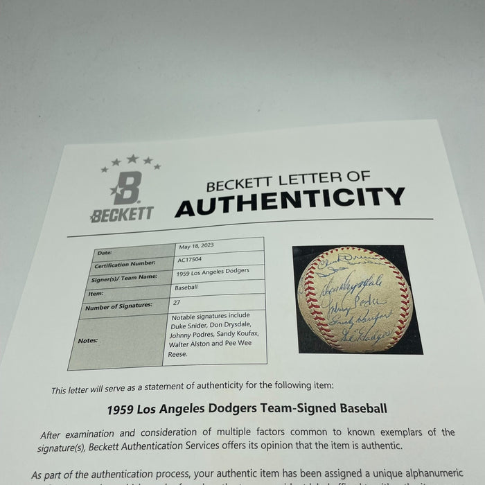 1959 Los Angeles Dodgers World Series Champs Team Signed Baseball Koufax Beckett