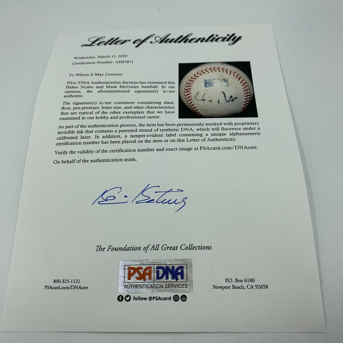 Mark Mcgwire & Hideo Nomo Signed Game Used Major League Baseball PSA DNA COA