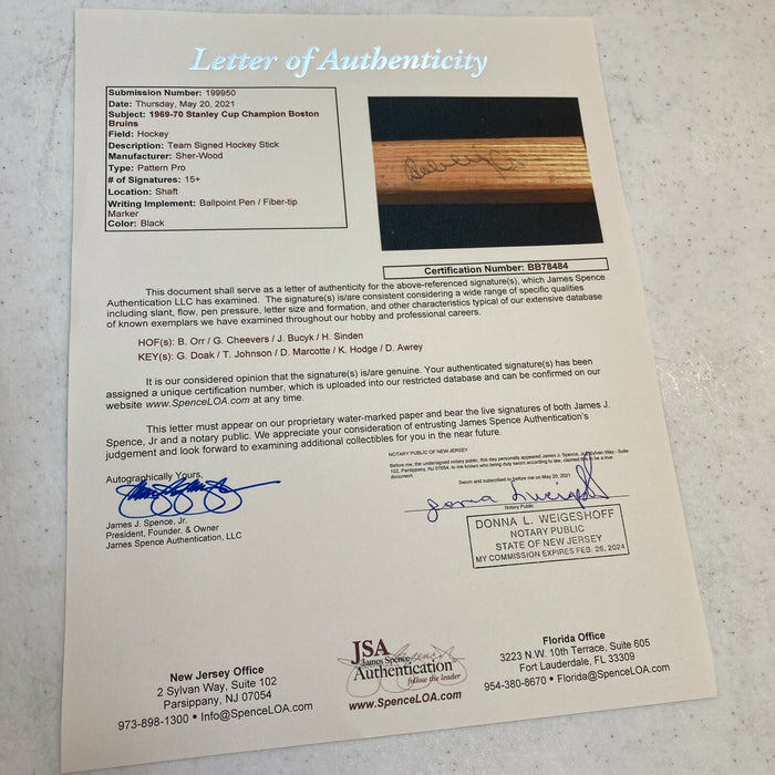 1969-70 Boston Bruins Stanley Cups Champs Team Signed Game Used Hockey Stick JSA