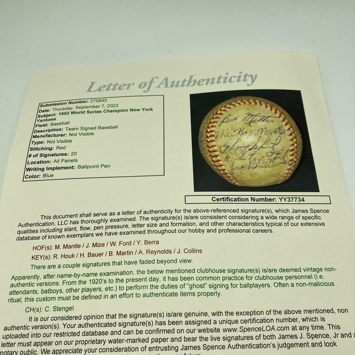 1953 New York Yankees World Series Champs Team Signed Baseball Mickey Mantle JSA