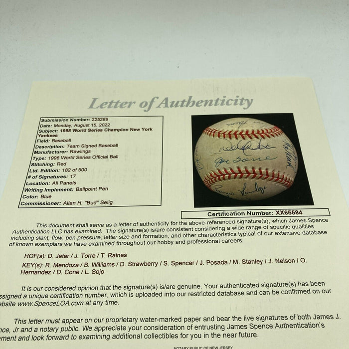 1998 Yankees World Series Champs Team Signed Baseball Derek Jeter JSA COA
