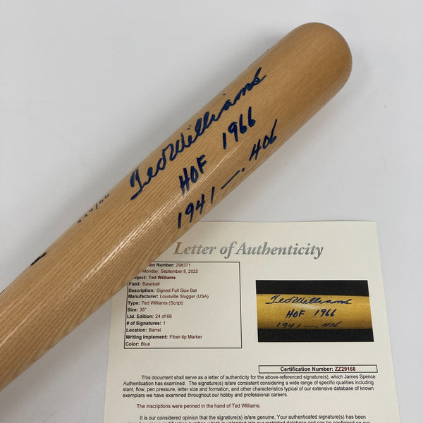 Ted Williams "HOF 1966 1941 .406" Signed Inscribed Baseball Bat MINT JSA