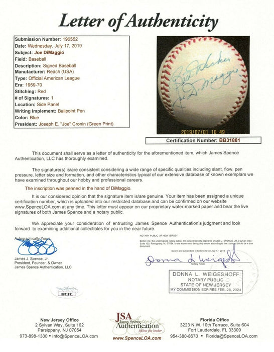 Beautiful Joe Dimaggio Single Signed 1950's American League Cronin Baseball JSA