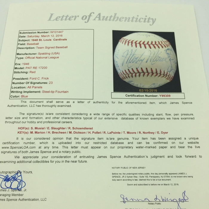 Beautiful 1948 St. Louis Cardinals Team Signed Baseball Stan Musial JSA COA