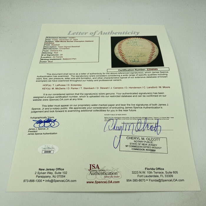 1989 Oakland A’s World Series Champs Team Signed Baseball 28 Sigs JSA COA