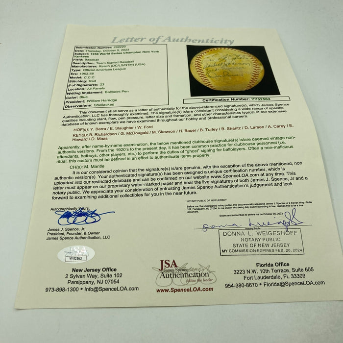 1958 New York Yankees World Series Champs Team Signed Baseball JSA COA