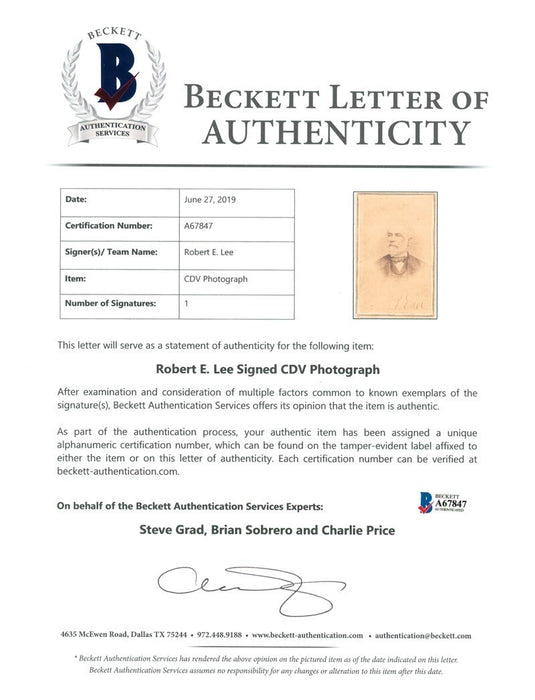 Robert E. Lee Signed Brady CDV Photo Civil War General PSA DNA & Beckett COA