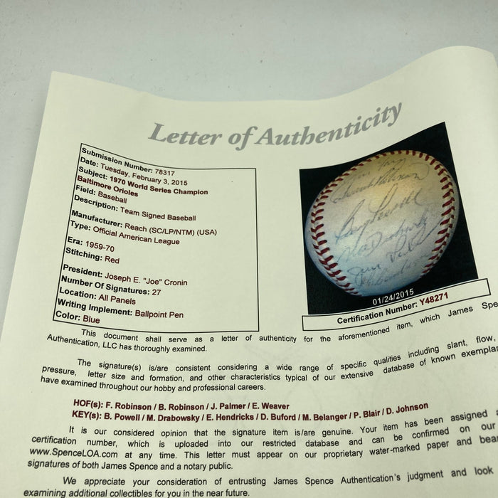 1970 Baltimore Orioles World Series Champs Team Signed AL Baseball JSA COA