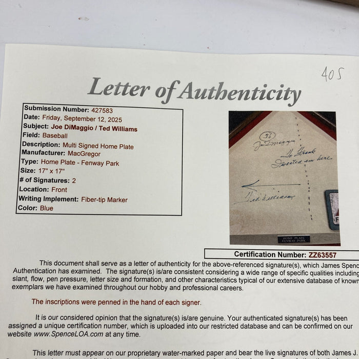 Ted Williams & Joe Dimaggio 56 Hits Signed Inscribed Home Plate JSA COA RARE