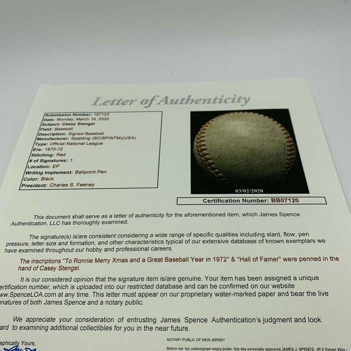 Casey Stengel Single Signed National League Baseball "Merry Xmas" With JSA COA