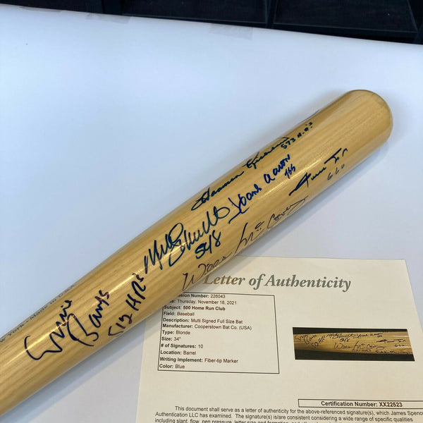 Mint 500 Home Run Club Signed Bat With Inscriptions Willie Mays Hank Aaron JSA