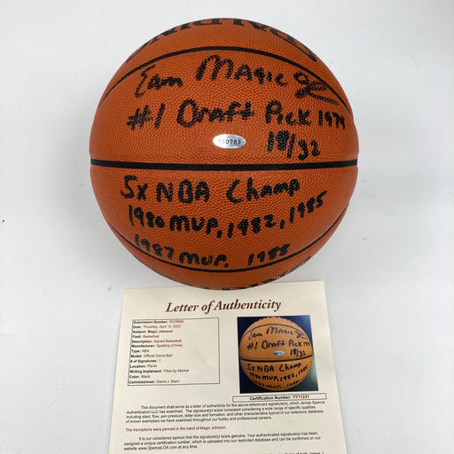 Magic Johnson Signed Heavily Inscribed STATS Basketball 18/32 JSA & Steiner COA