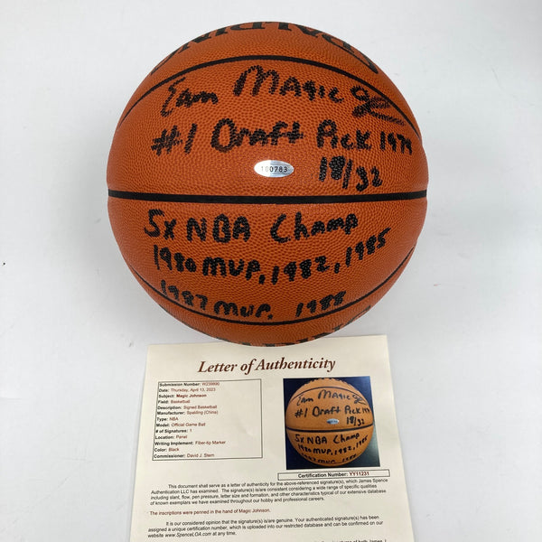 Magic Johnson Signed Heavily Inscribed STATS Basketball 18/32 JSA & Steiner COA
