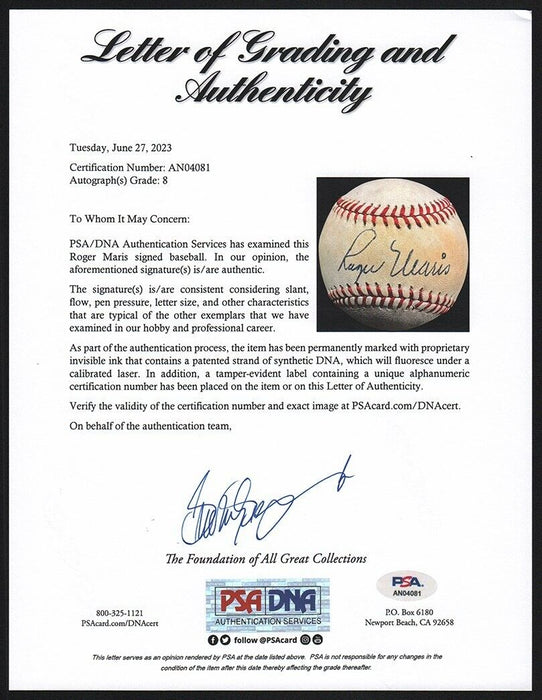 Beautiful Roger Maris Single Signed American League Baseball JSA COA