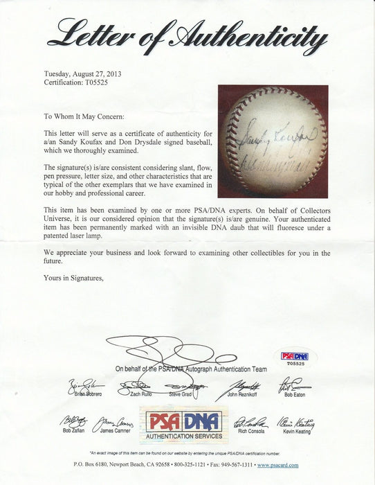 1950's Sandy Koufax & Don Drysdale Early Career Signed NL Giles Baseball PSA DNA