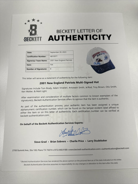 Tom Brady 2001 New England Patriots Super Bowls Champs Team Signed Hat Beckett