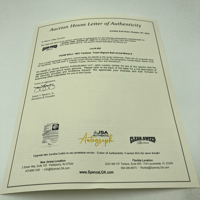 1961 Yankees W.S. Champs Team Signed Baseball Roger Maris Elston Howard JSA COA