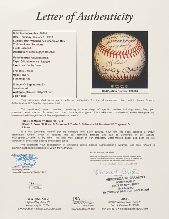 1961 New York Yankees World Series Champs Team Signed Baseball Mickey Mantle JSA