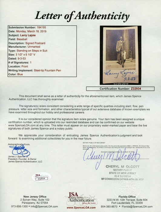 Napoleon Nap Lajoie Signed Autographed Original Postcard With JSA COA