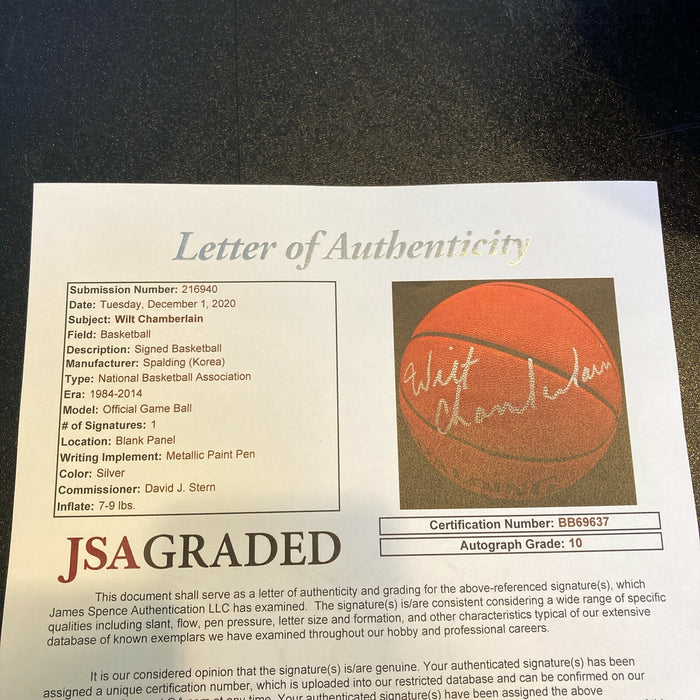 Beautiful Wilt Chamberlain Signed Spalding NBA Basketball JSA Graded GEM MINT 10