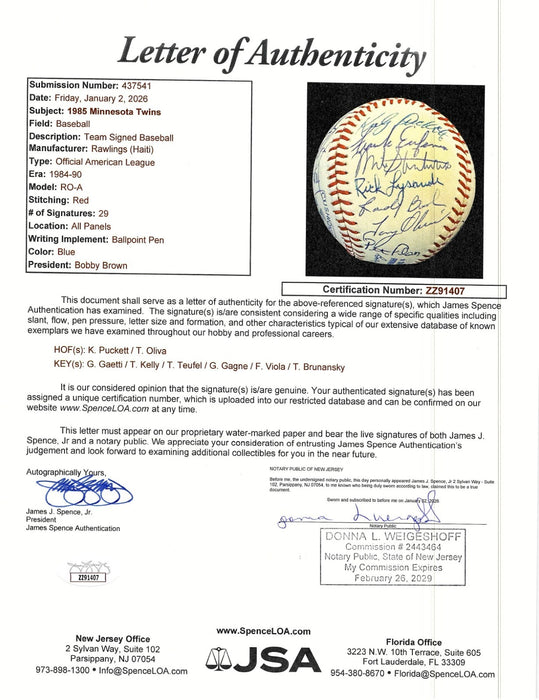 Kirby Puckett 1985 Minnesota Twins Team Signed Baseball JSA COA