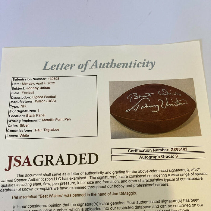 Stunning Johnny Unitas Signed Wilson NFL Football JSA Graded MINT 9