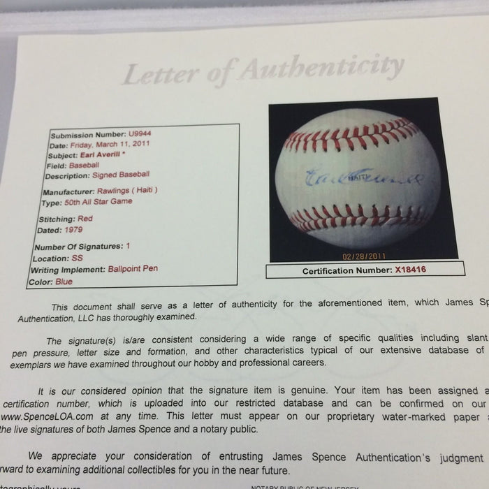 RARE  EARL AVERILL SINGLE SIGNED AUTOGRPAHED 1979 ALL STAR GAME BASEBALL JSA COA