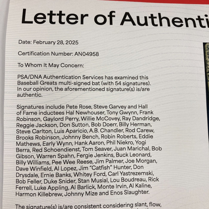 Beautiful Hall Of Fame Multi Signed Baseball Bat 54 Sigs Hank Aaron PSA DNA