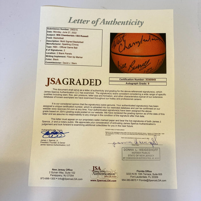 Wilt Chamberlain & Bill Russell Signed NBA Game Basketball JSA Graded 9 MINT