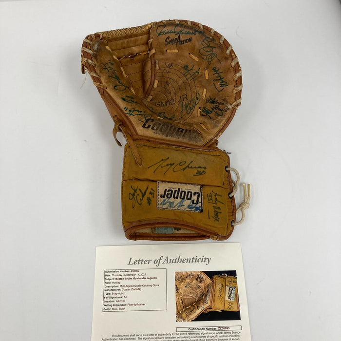 Boston Bruins Goalie Legends Multi Signed NHL Hockey Glove 14 Sigs JSA COA