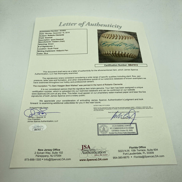Beautiful Roberto Clemente Single Signed Baseball With JSA COA